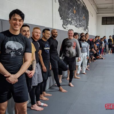 SBG Scarborough BJJ community — students lined up at Scarborough martial arts gym